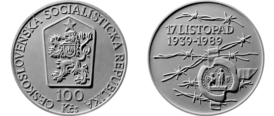 Pamětní stříbrná stokoruna k 50. výročí událostí 17. listopadu 1939