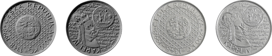 Původní návrh Majky Wichnerové na zlatou minci 5.000 Kč a pamětní stříbrná dvousetkoruna k 650. výročí založení Univerzity Karlovy, vzniklá přepracováním tohoto původního návrhu