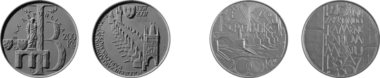 Vítězný návrh Vojtěcha Dostála, DiS., a nakonec realizovaná pamětní stříbrná dvousetkoruna k 650. výročí položení základního kamene Karlova mostu