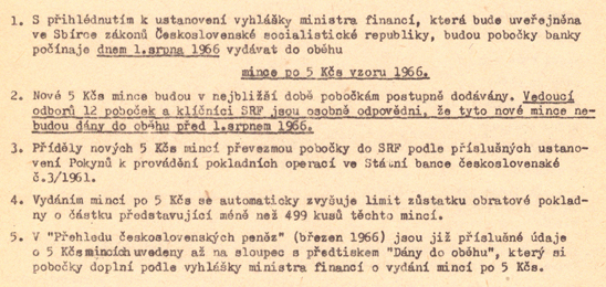 Část textu pracovního předpisu správy peněžního oběhu SBČS č. 108/1966 z 15. června 1966