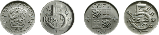 Původní podoba pětikoruny z let 1966–1990 a upravená podoba pětikoruny z let 1991–1992