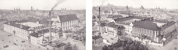 Pohled na budovy tiskárny A. Haase v Anenském dvoře v Praze – největší tiskárny v Rakousko-Uhersku – od jihozápadu a jihovýchodu na začátku 20. století