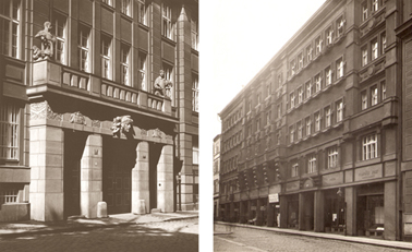 Průčelí budovy Tiskárny bankovek Národní banky Československé, kde Karel Wolf pracoval v letech 1928–1938, a sousedního bytového domu, kde bydlel v letech 1930–1938