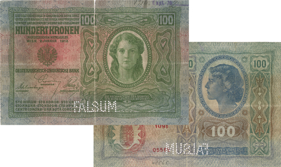 Padělek bankovky 100 K vzoru 1912 z dílny Bedřicha Černého