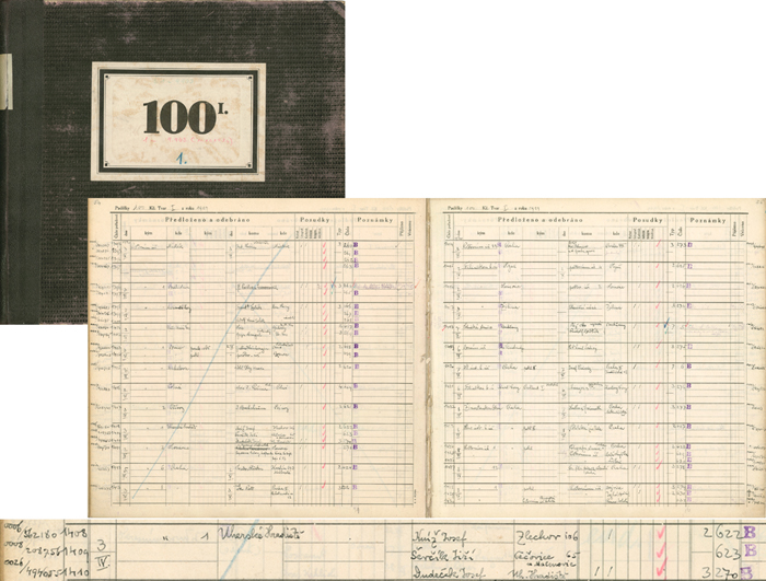 Desky, jedna dvojstrana a detail rukopisné evidence padělků z roku 1919, která zahrnovala stejně jako dnes sérii a číslo padělků, datum a místo jejich zadržení, jméno zadržitele a předložitele, techniku padělání, typ a číslo v typu. Rudolf Schmaus vytvořil za dobu svého působení ve Zkušebně platidel na 120 000 takových záznamů.