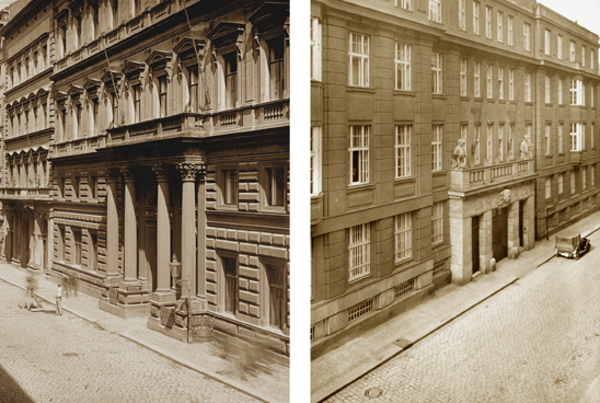 Průčelí budov Schebkova paláce v Bredovské ulici a Tiskárny bankovek Národní banky Československé v Růžové ulici, kde působil Rudolf Schmaus v letech 1900–1932