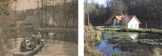 Rudolf Schmaus s návštěvou v loďce na svém mlýnském rybníku (pravděpodobně 40. léta) a stejný pohled dnes.