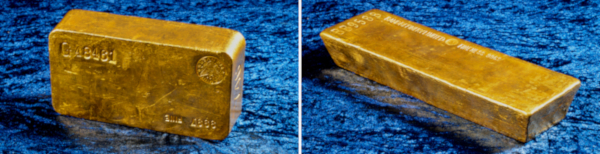 Zlaté slitky o hmotnosti 400 troyských uncí ve tvaru kvádru a komolého jehlanu