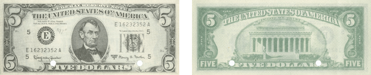 Napodobenina bankovky 5 $ série 1963A, evidovaná jako typ 92