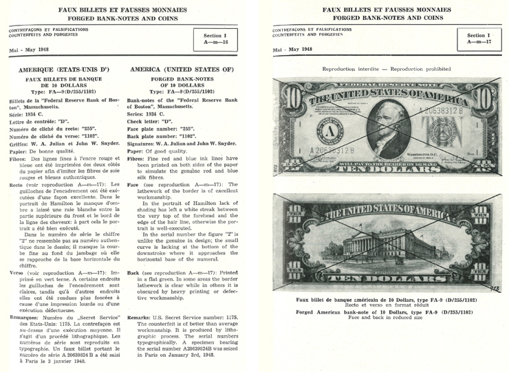 Část popisu a vyobrazení padělku 10 $ typ D/255/1102, vyhlášený v květnu 1948 