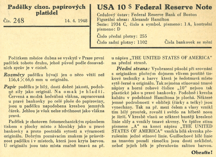 Část popisu padělku 10 $ typ D/255/1102, vyhlášený 14. dubna 1948 