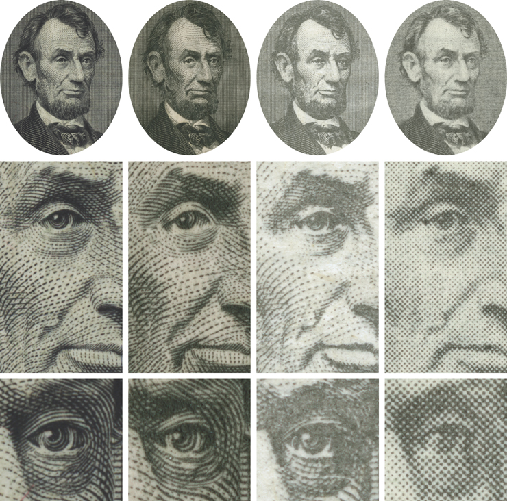 Tři různě velké detaily portrétní části pětidolarové bankovky
