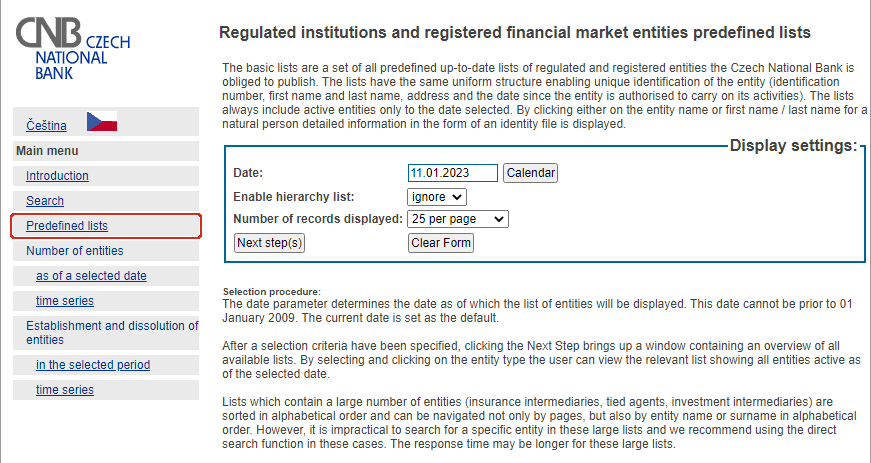 Lists of regulated financial institutions